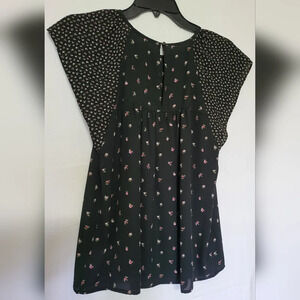 Gap Womens Black Pink Floral Short Flutter‎ Sleeve Boho Chiffon Career Blouse XS